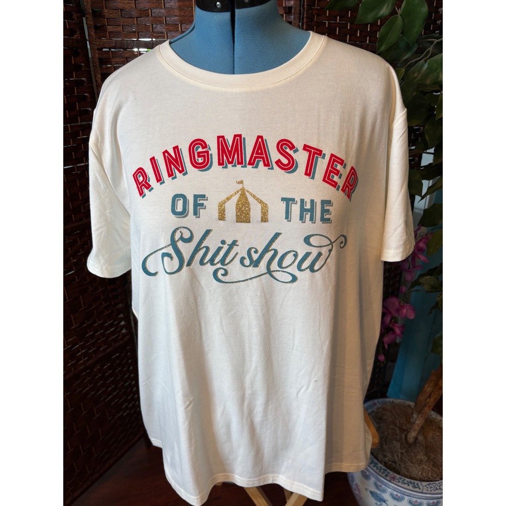 Ringmaster of the Shitshow Graphic T-Shirt Cream Circus Glitter Tee Womens NWT
